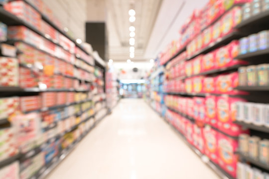 Blurred, bokeh background image of modern supermarket