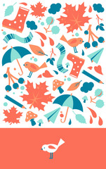 Vector pattern, doodling autumn design. Cute postcard illustration. Color doodle background.