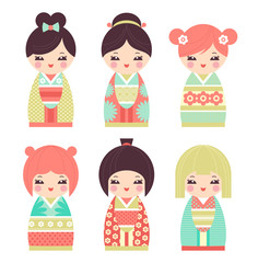 Set of cute Japanese Kokeshi Dolls