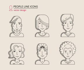 Set of linear style people icons in vector. Modern avatars with different young men characters. Hipster portraits for social media or web site. Trendy art illustration of guys with outlines