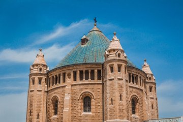 The top part of the Abbey of the Dormition building at Mount Zion in Jerusalem.