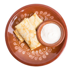 Russian pancakes with chicken fillet.