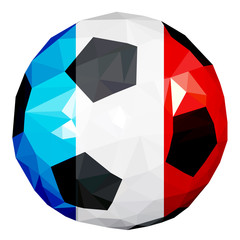 Polygon surround soccer ball painted in the colors of the French flag in the low poly style. For the Euro football championship in France