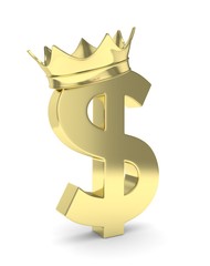Isolated golden dollar sign with golden crown on white background. Concept of making profit, income. Currency sign. American money. 3D rendering.