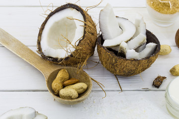 fresh coconut,  cream on a wooden white background