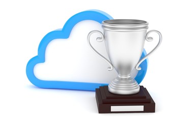 Isoalted silver cup with cloud on white background. Blue contour cloud. Concept of cloud storage competition. Leader cloud drive. Best storage contest. 3D rendering.