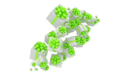 flying gift boxes on white. 3d rendering.