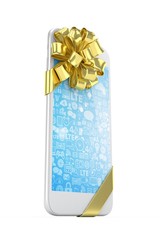 White phone with golden bow and blue screen. 3D rendering.