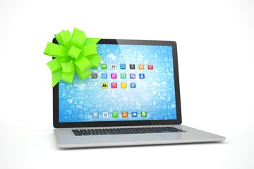 Tied laptop with green bow on white background. Modern present or gift for birthday, holiday, christmas. 3D rendering.