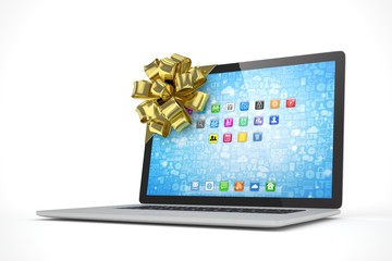 Tied laptop with golden bow on white background. Modern present or gift for birthday, holiday, christmas. 3D rendering.
