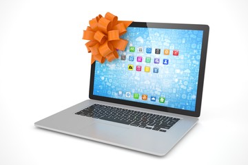 Tied laptop with red bow on white background. Modern present or gift for birthday, holiday, christmas. 3D rendering.