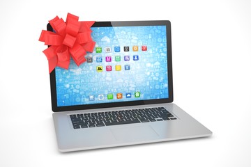 Laptop with red bow and icons. 3D rendering.