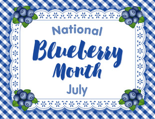 Blueberry Month, celebrated each July in USA, juicy berries isolated on white eyelet lace doily place mat on blue gingham check background. - obrazy, fototapety, plakaty