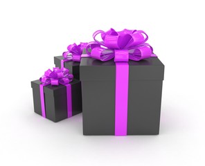 three gift boxes with bows isolated on white. 3d rendering.