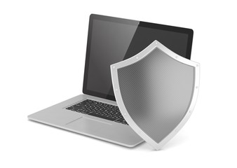 Laptop and shield on white, computer security concept. 3d rendering.