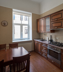 ?itchen with integrated appliances. Wooden design.