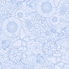 Seamless pattern with stylized flowers and butterfly. Ornate zen