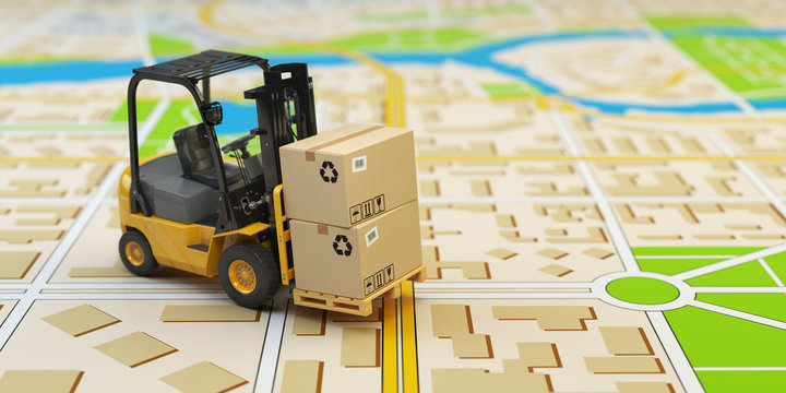 Forklift with cardboard boxes on the city map. Cargo delivery co