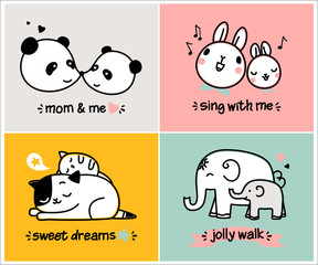 Collection of romantic cards, notes, stickers, labels, logos with cute animals, mom and baby. Template for congratulations, invitations cards, poster for nursery design, print for t-shirt. 