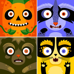 Cartoon monster animals faces vector set. Cute square avatars and icons. Idea for Halloween treat box. Print for t-shirt, elements for card design, poster.