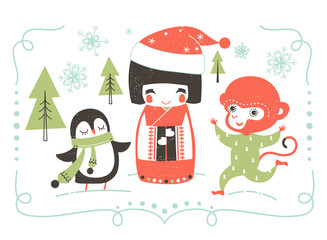 New Year vector illustration with cartoon Japanese Kokeshi Doll, penguin and monkey.