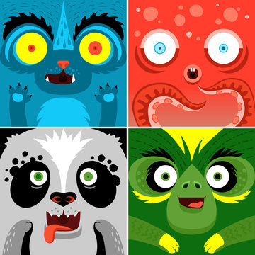 Cartoon monster animals faces vector set. Cute square avatars and icons. Idea for Halloween treat box. Print for t-shirt, elements for card design, poster.
