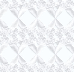 Quilling white paper striped hearts in row