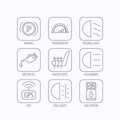 Motor oil, passing fog lights and gps icons.