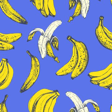 Vector hand-drawn sketch of banana. Seamless nature background. 