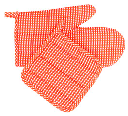 Mitt oven glove and pot holder set orange white plaid