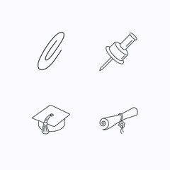 Graduation cap, pushpin and diploma icons.