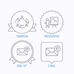 Teamwork, presentation and e-mail icons.