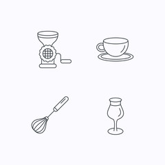 Coffee cup, whisk and wineglass icons.