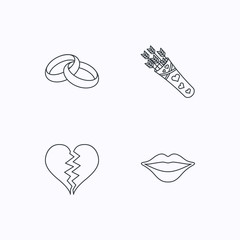 Broken heart, kiss and wedding rings icons.