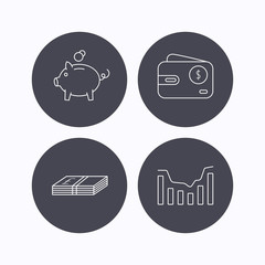 Piggy bank, cash money and dynamics chart icons.
