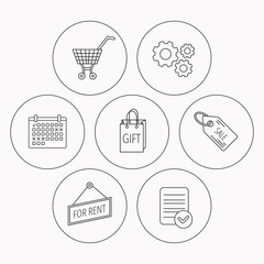 Shopping cart, gift bag and sale coupon icons.