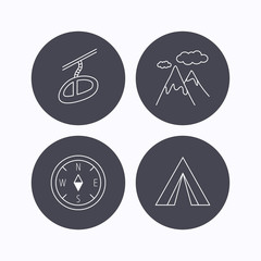 Mountain, camping tent and teleferic icons.