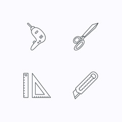 Paper knife, school supplies and scissors icons.