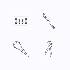 Scalpel, capsules and dental pliers icons.