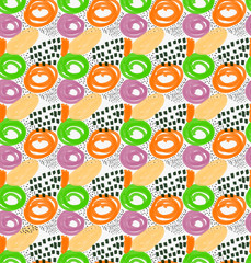 Abstract orange green and purple circles with black dots