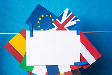 Flags of European Union (flags of different countries  eurozone) and United Kingdom, Brexit UK EU referendum concept. placard for text