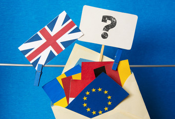 Flags of European Union (flags of different countries  eurozone) and United Kingdom, Brexit UK EU referendum concept. placard for text