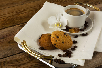 Romantic coffee cup served with white orchid
