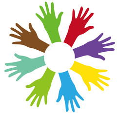 Vector isolated illustration of group of rainbow  hands on white background can means voting, unity, revolution, gay rights, help, concert, charity, joy, life, kids, team..