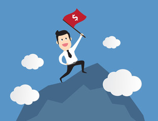Successful businessman standing with red flag on mountain. Business concept illustration vector clip art design