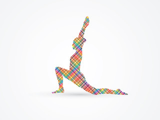 Yoga pose designed using colorful pixels graphic vector.