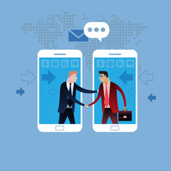 Businessman Deal on Mobile phone. Handshake of two business people with smartphone Business concept illustration vector clip art design
