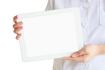 pharmacist hand hold tablet computer with blank screen