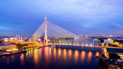 Rama 8 bridge in Bangkok at night.