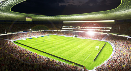 Soccer players in action at a grand soccer arena at night . 3d rendering © Digital Storm